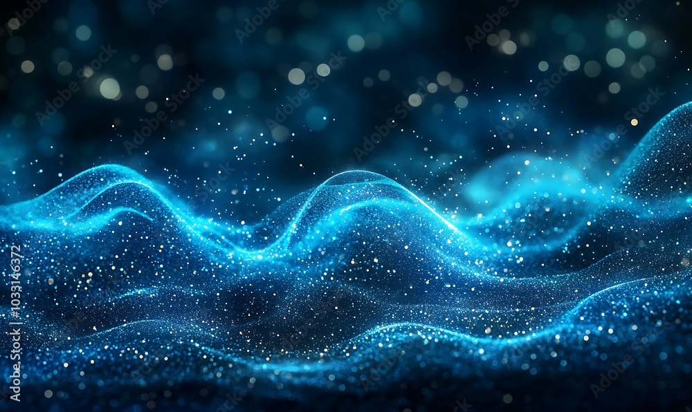 Aufkleber A mesmerizing blue wave of sparkling particles, creating an abstract representation of motion and light in a serene environment.