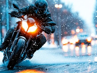 A motorcycle on an icy street, the rider a snow-covered road, the scene filled with harsh cold tones