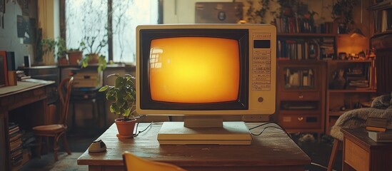 A vintage computer monitor displays an orange screen in a cozy, plant-filled room.