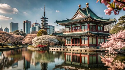 Obraz premium A traditional Chinese pagoda stands in a park, surrounded by cherry blossoms and a reflecting pond, with a modern cityscape in the background.