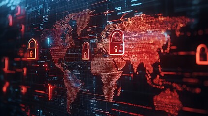 A futuristic global map with secure padlock icons and digital connections illustrating worldwide cybersecurity.