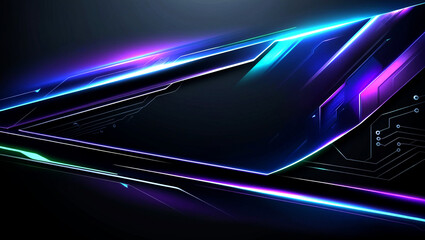 Abstract symmetric black background with blue glowing neon lines. Neon lights glowing on a dark background. Dark blue background thumbnail with a neon theme.
