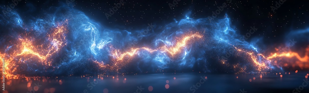 Poster a vibrant cosmic scene featuring a blend of blue and orange nebulous formations with a shimmering re