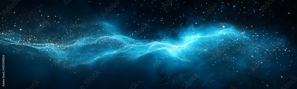 Poster a luminous blue cosmic scene filled with sparkling particles and swirling nebulas, evoking a sense o