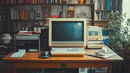 Vintage computer setup with books and equipment in a cozy workspace.