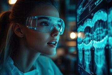 A woman in safety glasses examines digital dental x-rays on a computer screen.