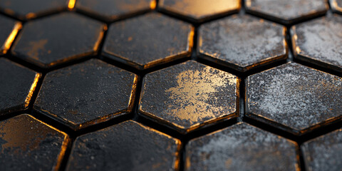 A close up of the texture of metal hexagons with golden highlights, generative AI