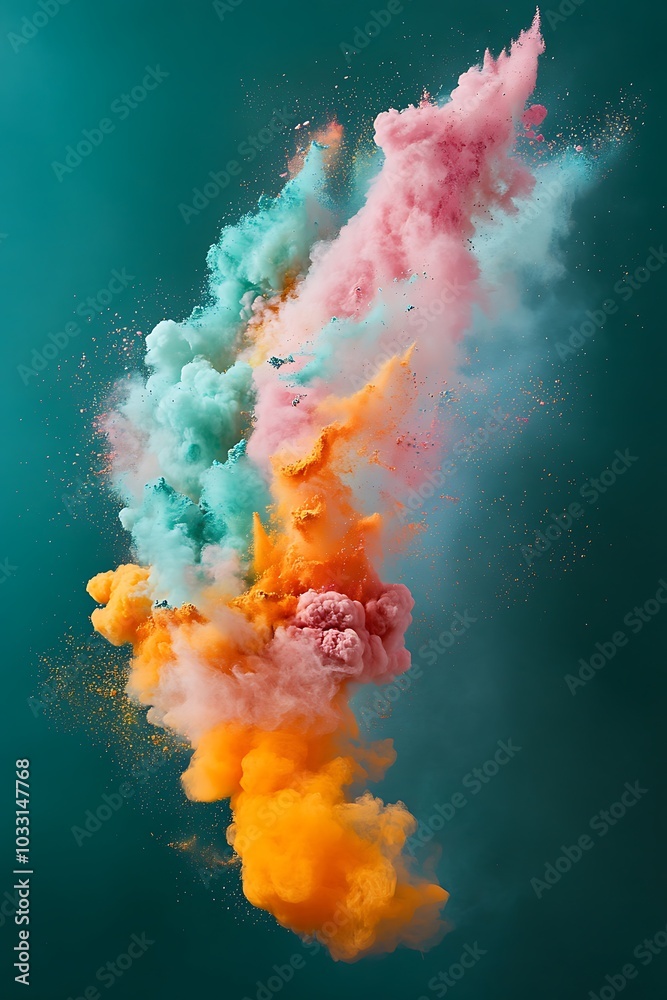 Aufkleber a vibrant explosion of colored powders creating an artistic cloud against a teal background.