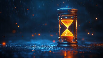 An hourglass with glowing sand sits on a dark background