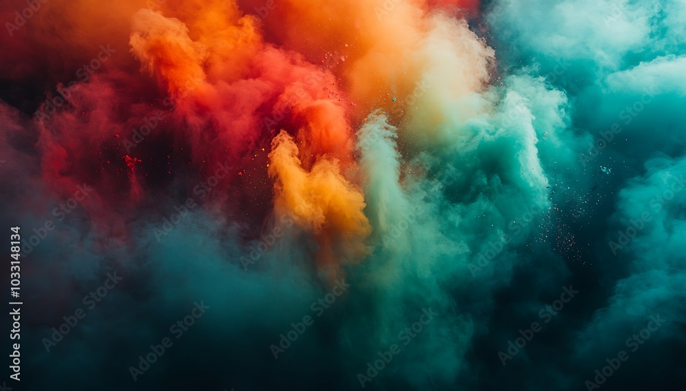Poster A vibrant explosion of colorful smoke creates a dynamic and artistic visual, blending shades of orange, red, and teal, evoking energy and creativity.