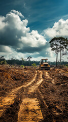 Fototapeta premium A large deforestation site in the Amazon, with trees cut down, heavy machinery working, and the landscape devastated