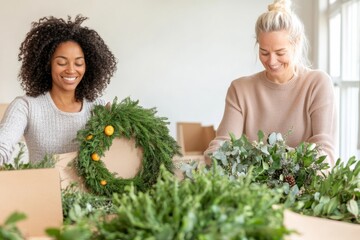 Joyful Volunteering Diverse Women Crafting Eco-Friendly Christmas Wreaths in Bright Community Center