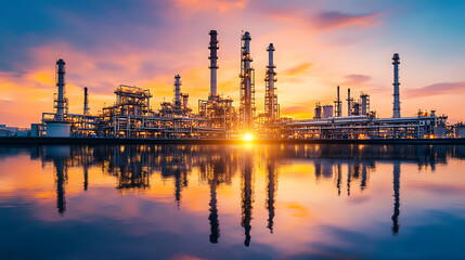 Naklejka premium stunning sunset view of vast fuel refinery plant, showcasing towering structures reflecting in calm water. vibrant colors of sky enhance industrial landscapes beauty