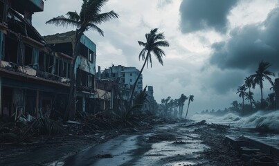Storm ravaged coastline with destroyed buildings.