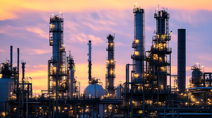 Obraz premium stunning view of fuel processing plant at sunset, showcasing modern architecture and intricate industrial structures. glowing lights create captivating atmosphere