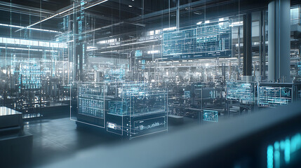futuristic control room filled with digital interfaces and holographic displays, showcasing advanced technology and data visualization in modern industrial setting