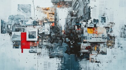 an abstract modern graphic collage with lots of white space around where you can see the paper, with newspaper and magazine image clippings depicting the sense of accessibility for all people