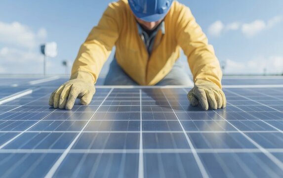 Installing Solar Panels Diverse Couple in Action on a Sunny Morning