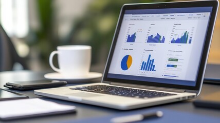 A laptop displaying data visualizations sits on a desk, accompanied by a coffee cup and a notepad, reflecting a workspace focused on analytics and productivity.