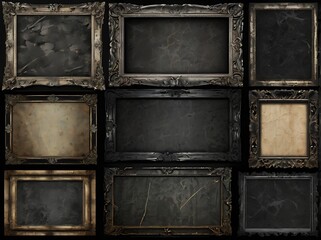 Vintage grunge noir horror frame border texture pack with dust and scratches cinema strip monochrome tones collection
