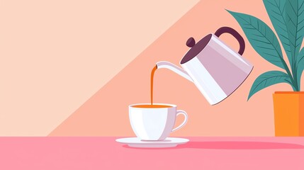 A kettle pouring tea into a cozy white cup on a pastel-colored table with a green plant in the background.