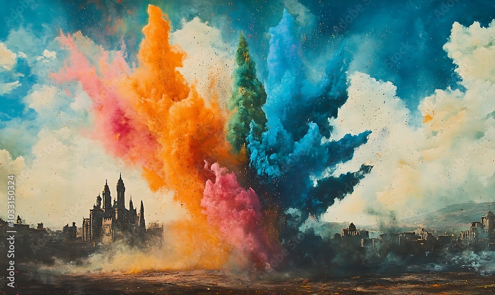 Poster a vibrant explosion of colored powder fills the sky above a dark silhouette of a castle, creating a 