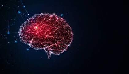 Digital illustration of a brain with neural connections glowing in red against a dark background.