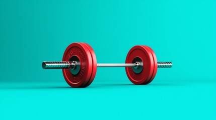 A red barbell on a bright turquoise background, ideal for fitness and gym-related themes.