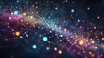 Obraz premium A vibrant abstract representation of interconnected particles and light in a cosmic setting.