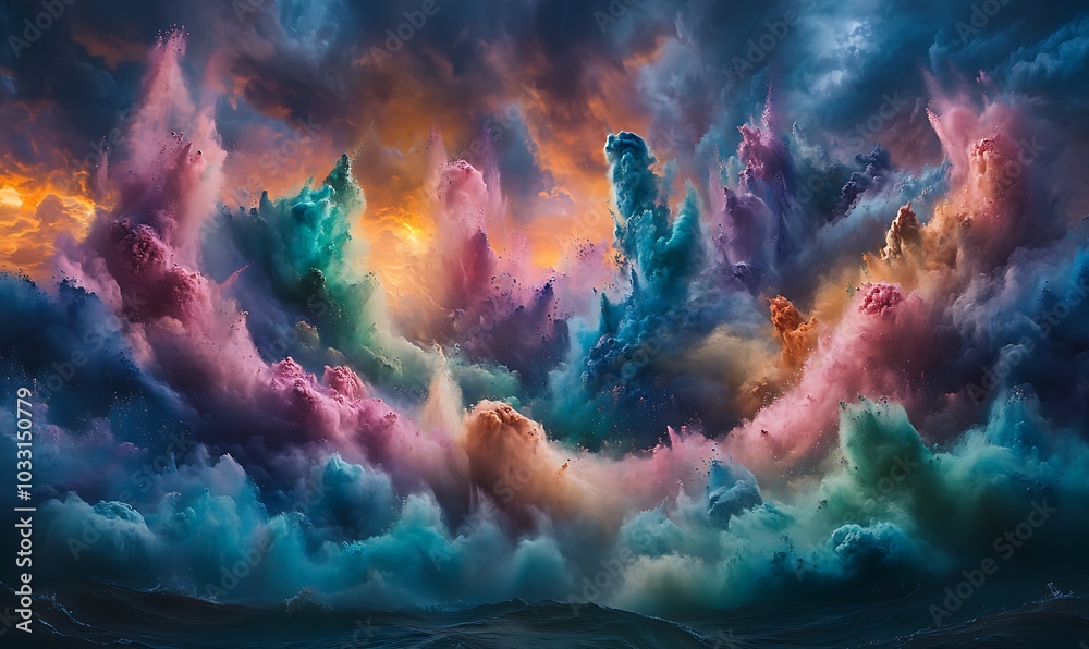 Poster a vibrant, ethereal scene showcases colorful clouds swirling dramatically against a moody sky, creat