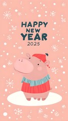 Fototapeta premium Cute Pygmy Hippo Celebrates Happy New Year 2025