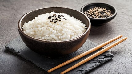 Rice Bowls with Chopsticks and Sesame Seeds
