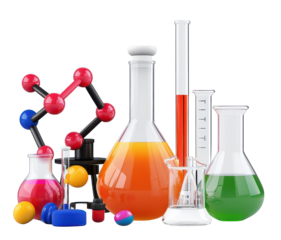 Laboratory glassware with colorful liquids.