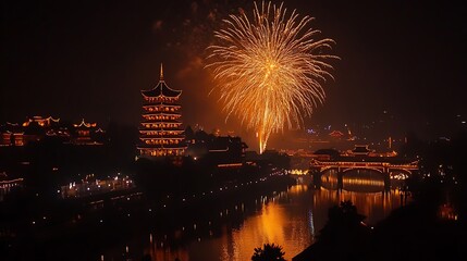 Colorful Fireworks Display on Chinese New Year Night