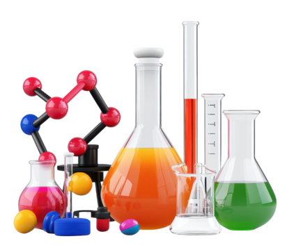 Laboratory glassware with colorful liquids.