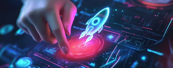 Futuristic Interface with Rocket Hologram and Touch Input Design