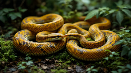Fototapeta premium Colorful Snakes Coiled in Lush Greenery