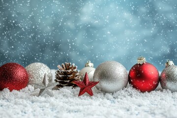 Red and silver ornaments on snow