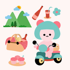 a collection of pictures of picnic including a cute bear and a toy.