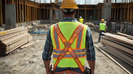 a safety vest worn by a construction worker at a job site.