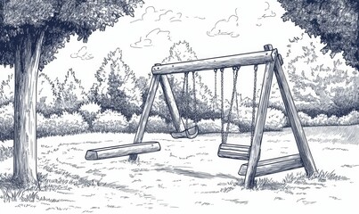 Sketch of a swing set in a wooded area.