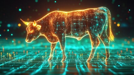 A futuristic, neon-lit cow is walking on a glowing green grass grid with particles and geometric shapes 