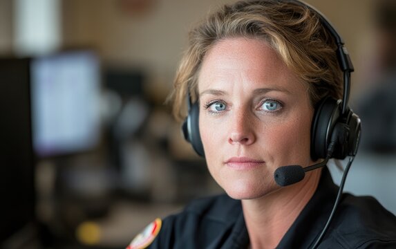 Calm under pressure: portrait a 911 operator at work, their unwavering focus, composure while managing urgent calls, embodying essential qualities of reliability, resilience in crisis management.
