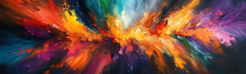 A vibrant, abstract painting showcasing a burst of colors, blending hues of orange, purple, and blue in an energetic display.