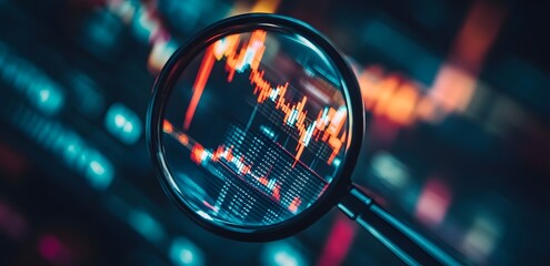 A magnifying glass over an interactive graph displaying stock market trends, symbolizing the importance of historical trading data in day trading. A softly blurred background featuring pastel colors