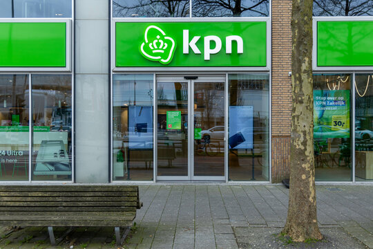 KPN store front entrance logo, technology communications company shop. Amsterdam, the Netherlands. 16 March 2024. 