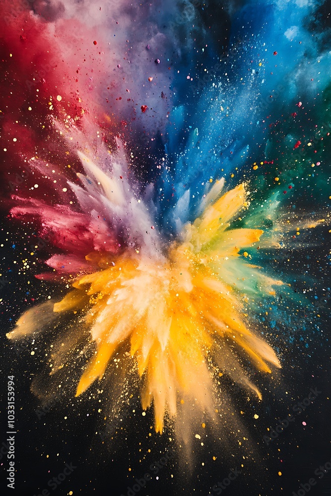 Aufkleber A vibrant explosion of colorful powders against a dark background, creating an artistic and dynamic visual effect.