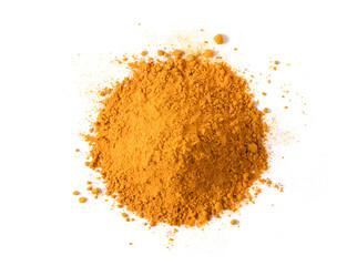Flat lay Pile of Turmeric powder isolated on white background.