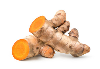 Close-up Turmeric (Curcuma longa Linn)  rhizome (root) cutting isolated on white background.