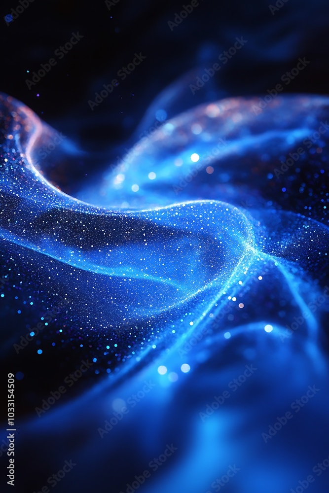 Poster a captivating abstract image depicting swirling blue light with shimmering particles, evoking a sens